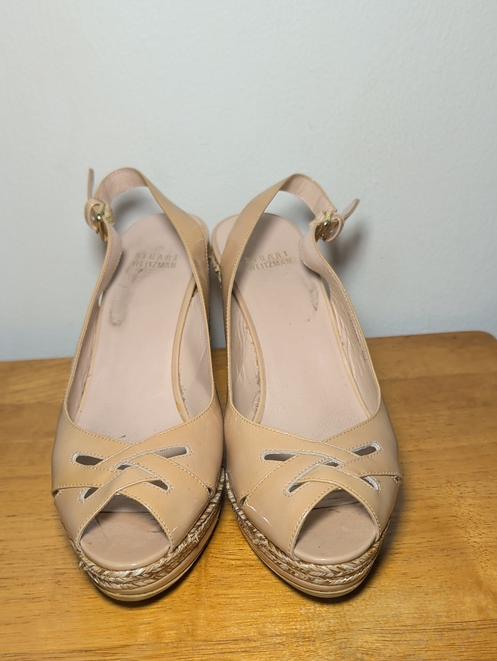 Stuart Weitzman Patent Leather Espadrille Wedge Sandals Beige Women's Size 9M - Picture 2 of 8